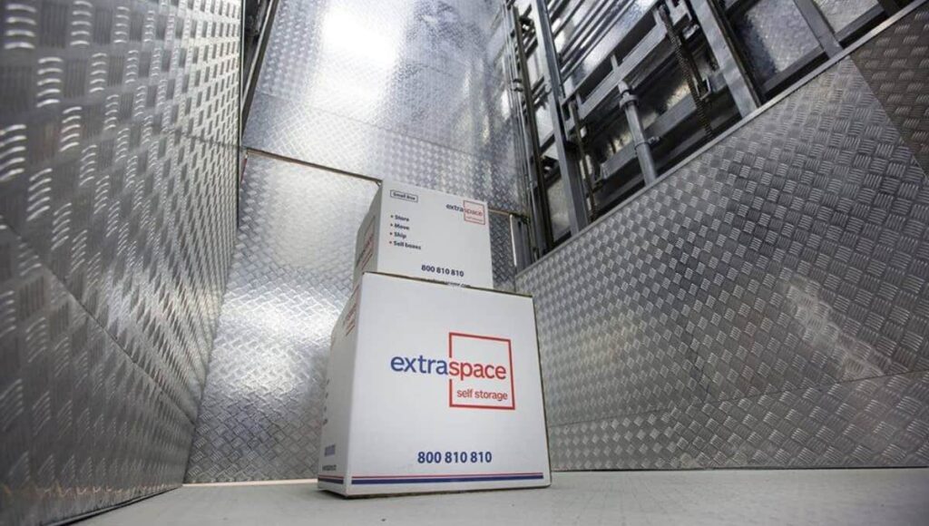 ExtraSpace Self Storage boxes inside a secure elevator at a storage facility in Dubai